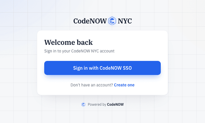 The CodeNOW NYC sign-in page with the "Sign in with CodeNOW SSO" button.
