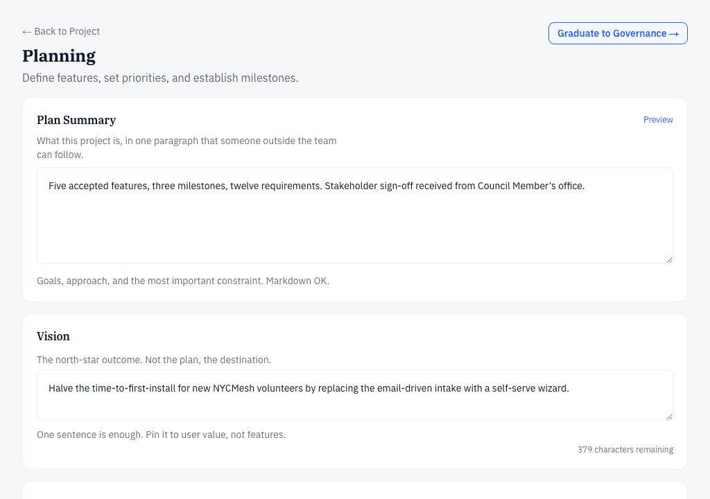 The planning workspace listing features, requirements, and milestones.